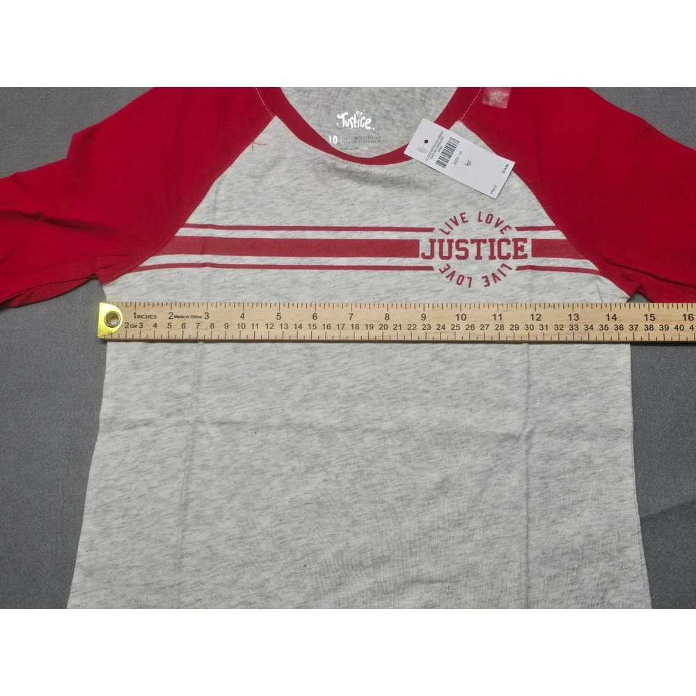 Justice Girls Raglan Tee Red Gray Long Sleeve Graphic Shirt Size 10 NEW